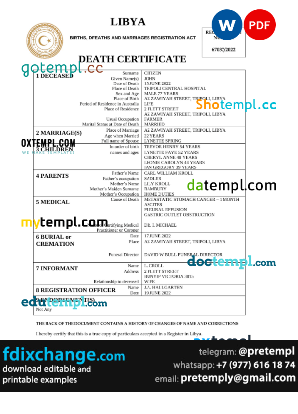download Libya death certificate template free fonts, completely editable