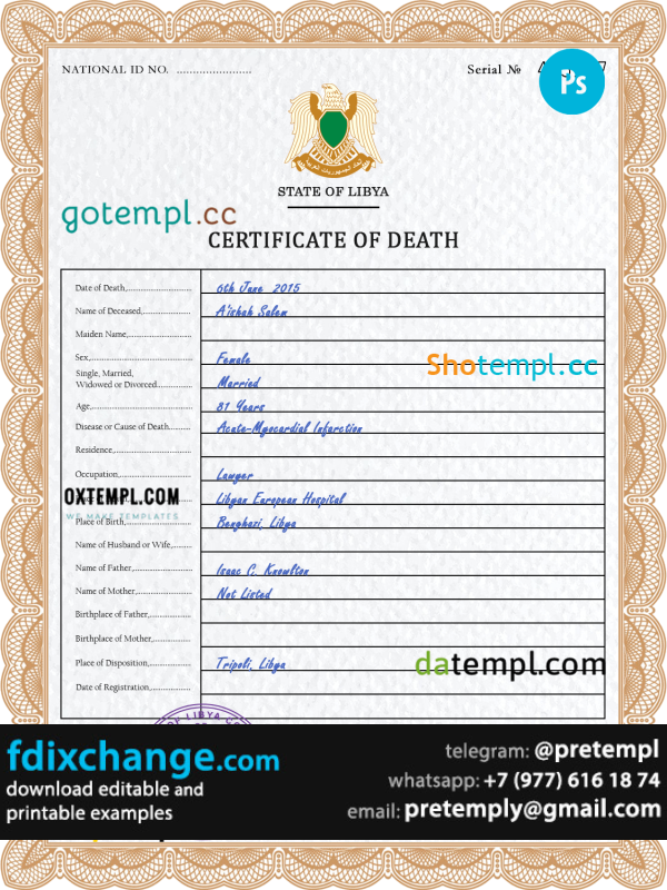 download Libya vital record death certificate template free fonts