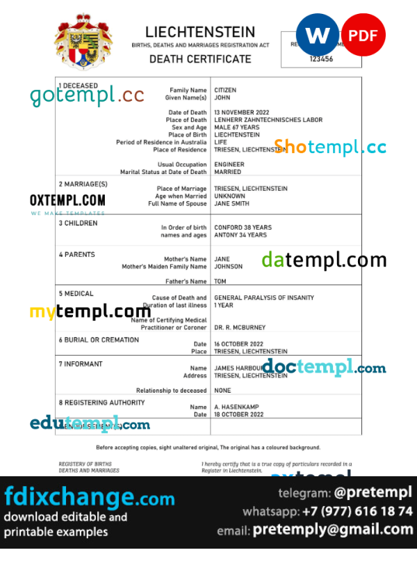 download Liechtenstein vital record death certificate template free fonts