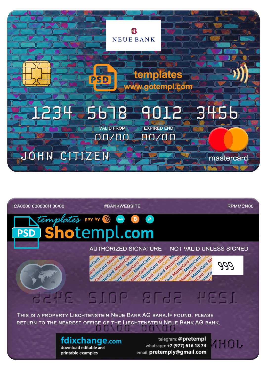 download Liechtenstein Neue bank mastercard, fully editable template free fonts
