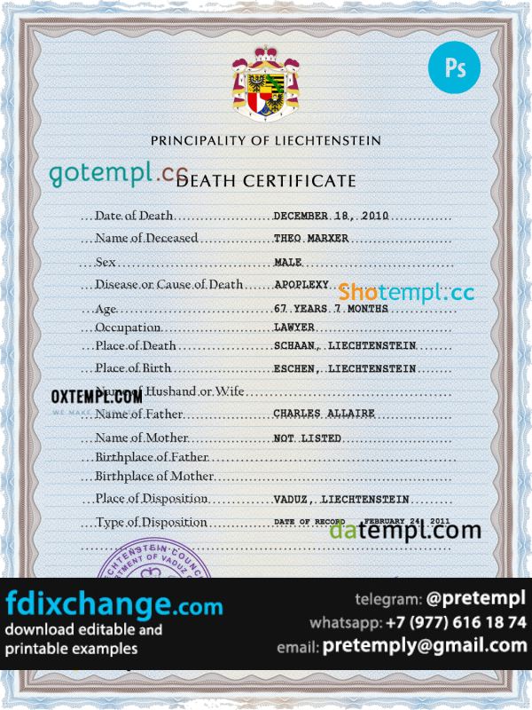 download Liechtenstein vital record death certificate template free fonts