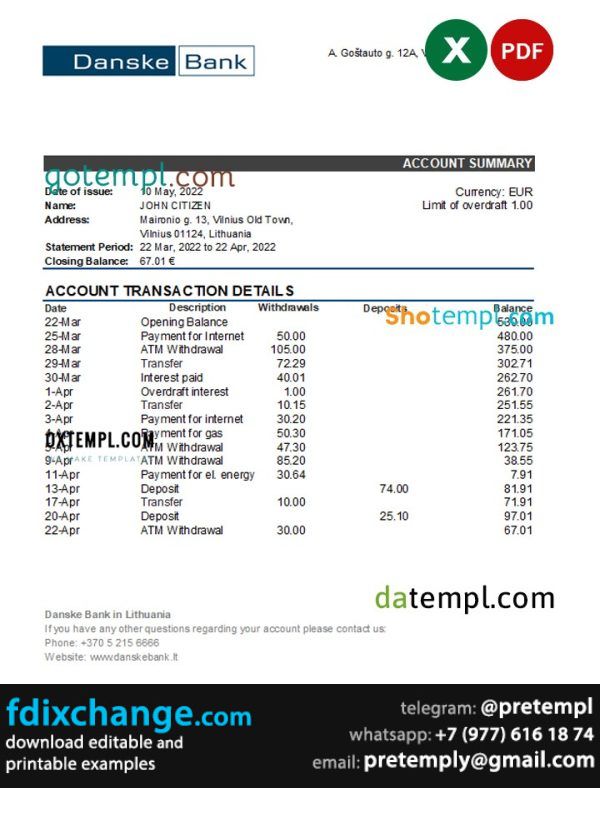 download Lithuania Danske bank statement template free fonts