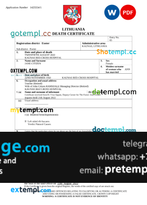 download Lithuania vital record death certificate template free fonts