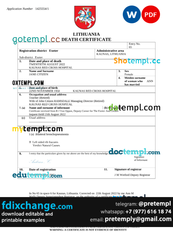 download Lithuania vital record death certificate template free fonts