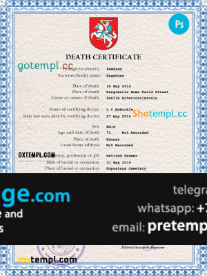 download Lithuania death certificate template free fonts, completely editable
