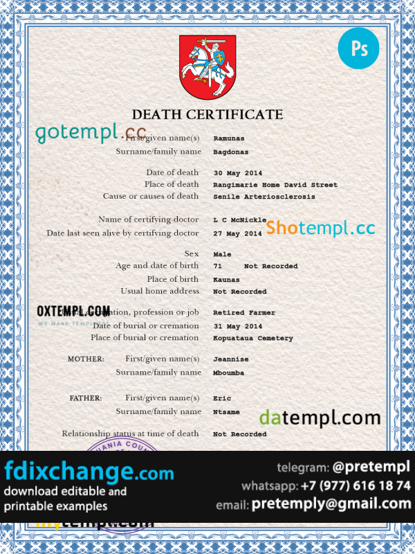 download Lithuania death certificate template free fonts, completely editable