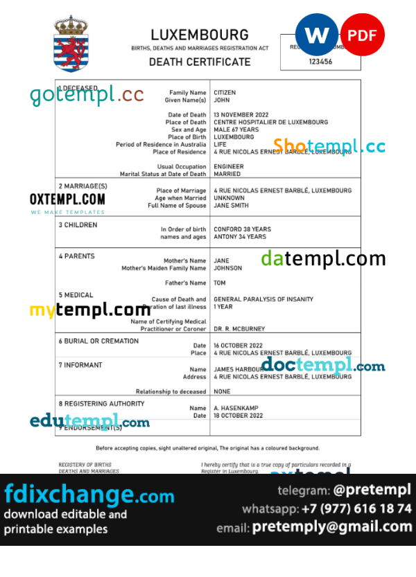 download Luxembourg death certificate template free fonts, completely editable