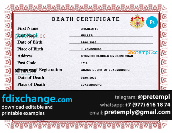 download Luxembourg vital record death certificate template free fonts
