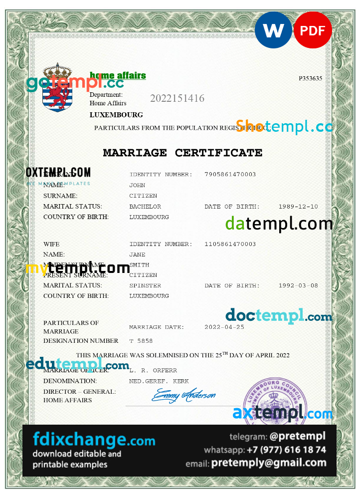 download Luxembourg marriage certificate template free fonts, completely editable