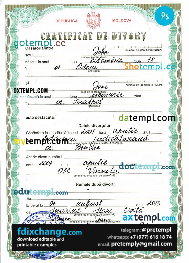 download Moldova vital record divorce certificate template free fonts