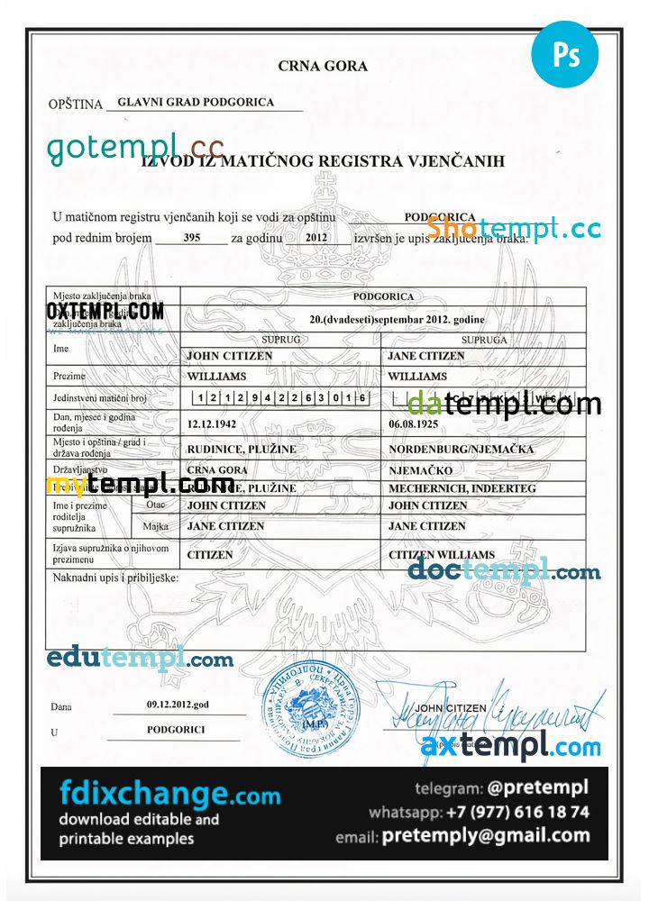 download Montenegro (Crna Gora) marriage certificate template free fonts