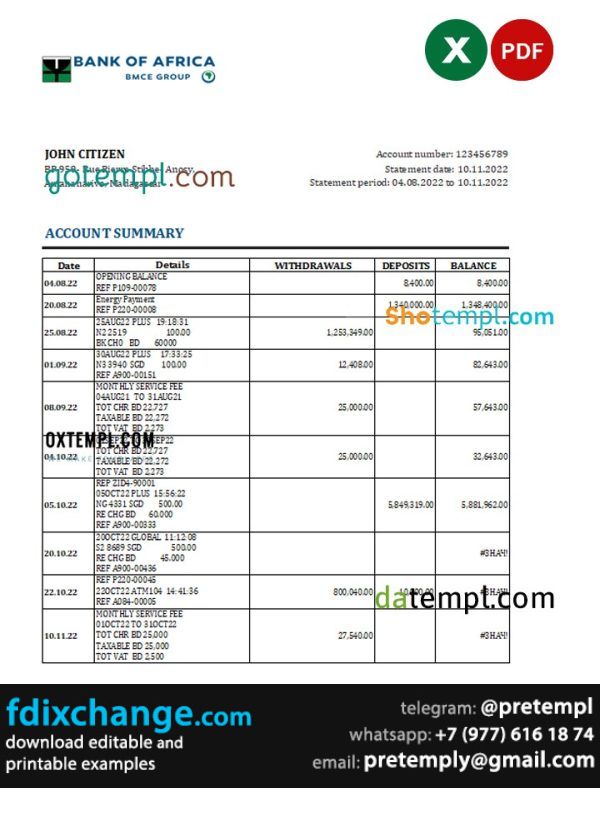 download Madagascar Bank of Africa bank statement template free fonts