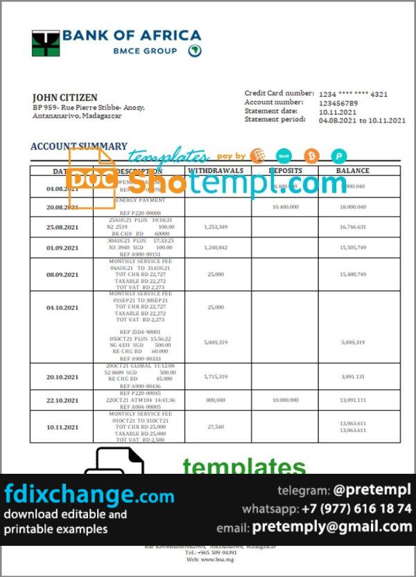 download Madagascar Bank of Africa bank statement template free fonts