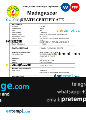 download Madagascar vital record death certificate template free fonts