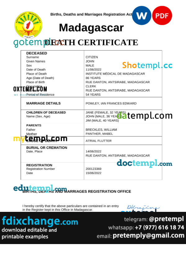 download Madagascar vital record death certificate template free fonts