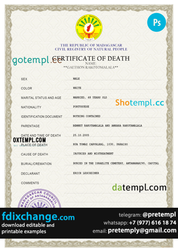 download Madagascar vital record death certificate template free fonts