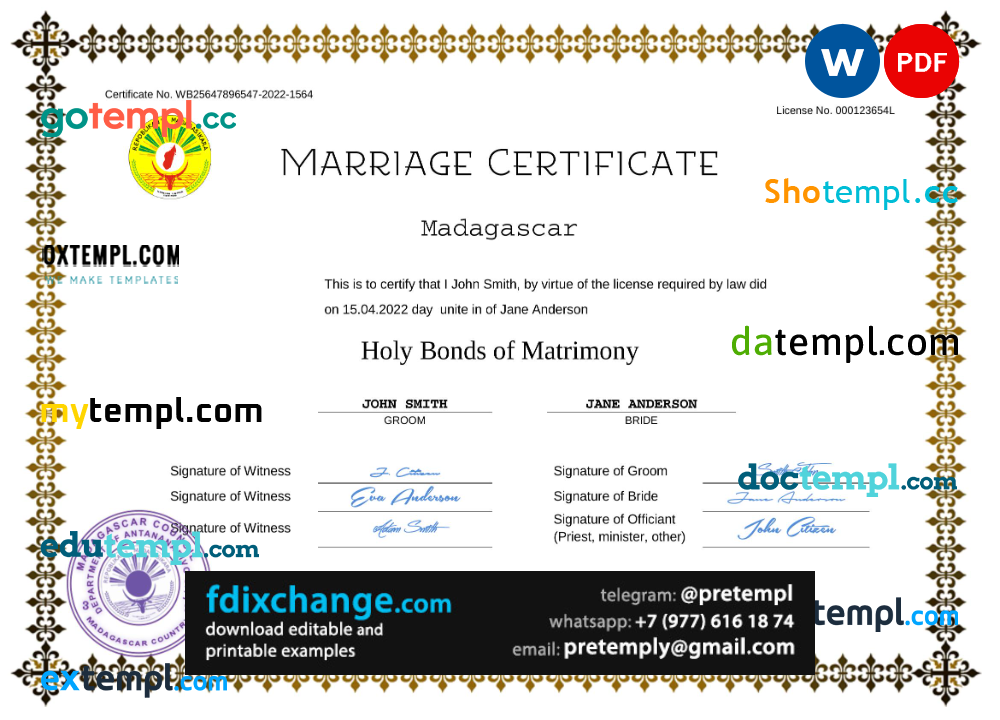 download Madagascar marriage certificate template free fonts, completely editable