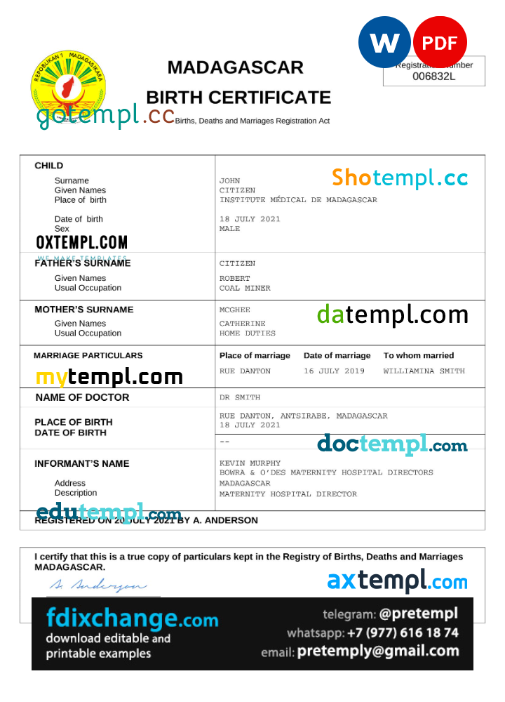 download Madagascar vital record birth certificate template free fonts, completely editable