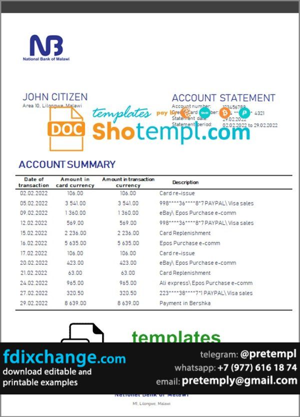 download Malawi National Bank of Malawi bank statement template free fonts