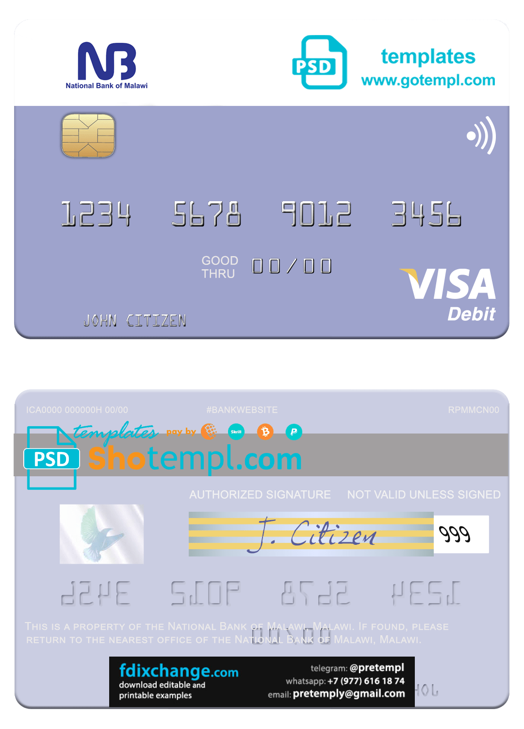 download Malawi National Bank visa card fully editable template free fonts