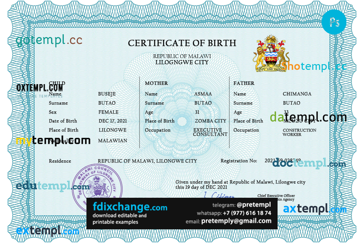 download Malawi vital record birth certificate template free fonts