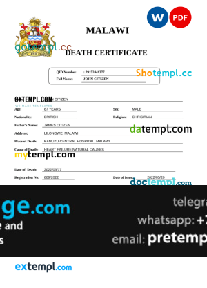 download Malawi vital record death certificate template free fonts