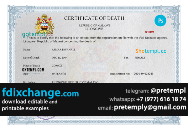download Malawi death certificate template free fonts, completely editable