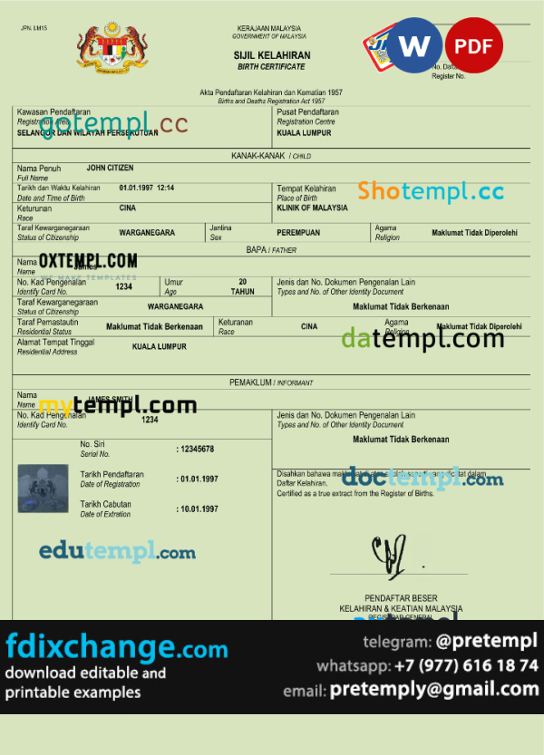 download Malaysia birth certificate template free fonts, completely editable