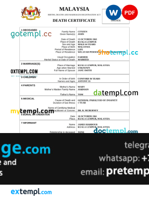 download Malaysia death certificate template free fonts, completely editable
