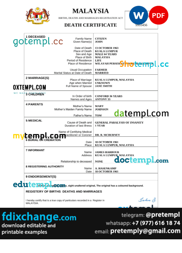 download Malaysia death certificate template free fonts, completely editable