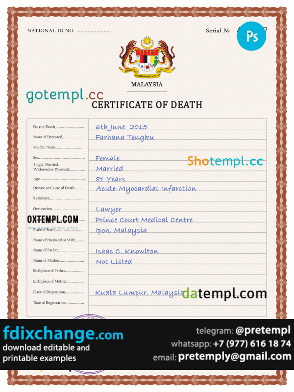 download Malaysia death certificate template free fonts, completely editable