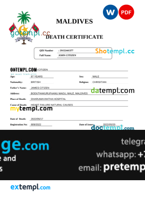 download Maldives vital record death certificate template free fonts