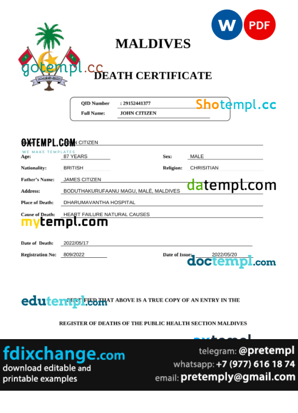 download Maldives vital record death certificate template free fonts
