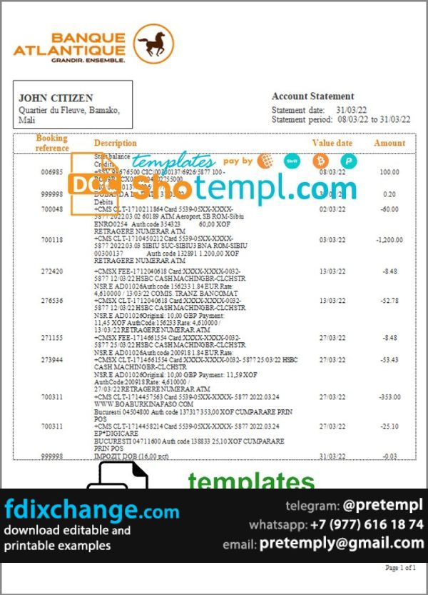 download Mali Banque Atlantiaque bank statement template free fonts