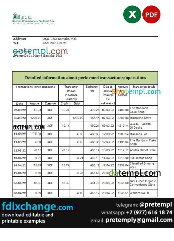 download Mali Banque Commerciale du Sahel bank statement template free fonts