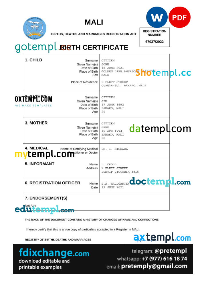 download Mali vital record birth certificate template free fonts, completely editable