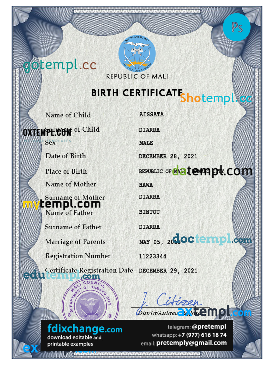 download Mali birth certificate template free fonts, completely editable