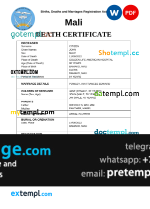 download Mali vital record death certificate template free fonts