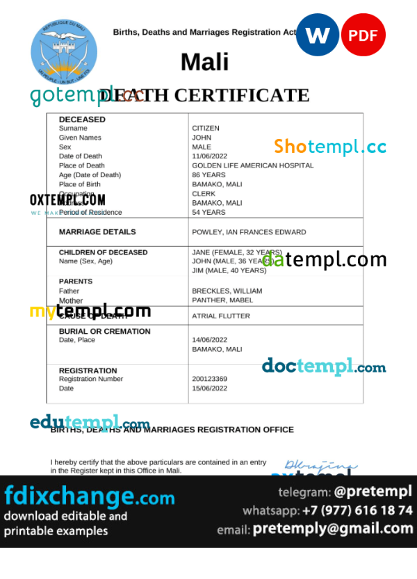 download Mali vital record death certificate template free fonts