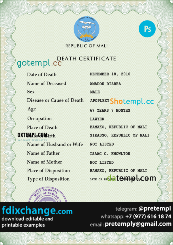 download Mali death certificate template free fonts, completely editable