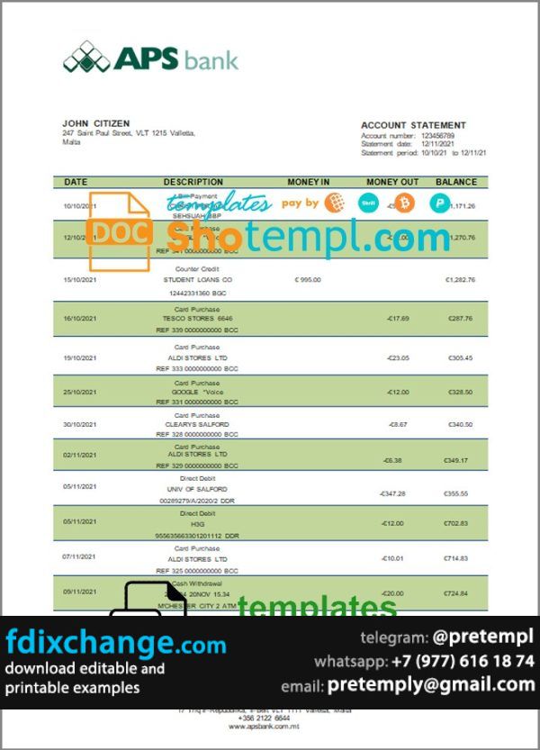 download Malta APS bank statement template free fonts