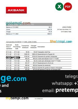 download Malta Akbank bank statement template free fonts