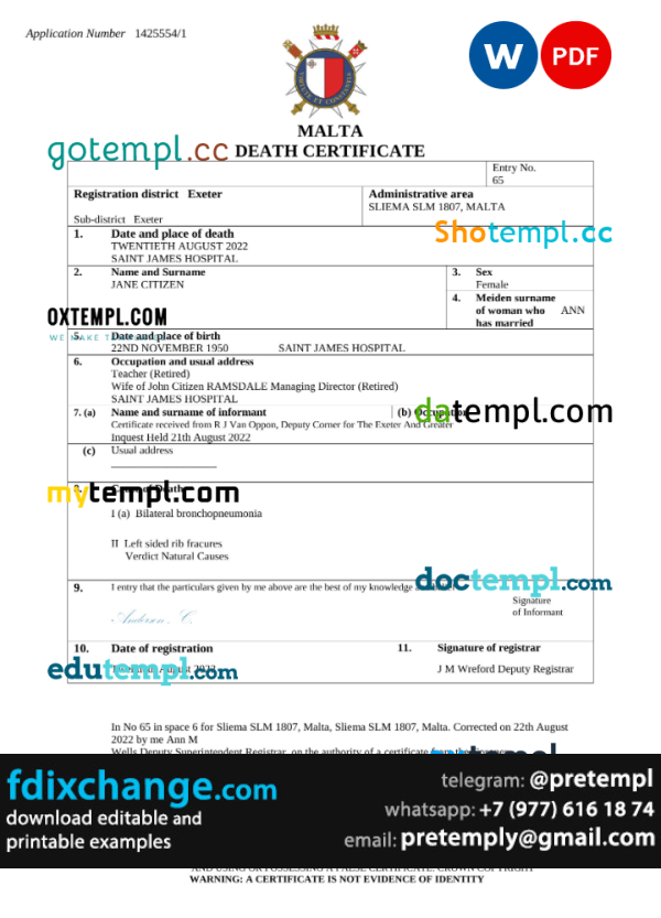 download Malta death certificate template free fonts, completely editable