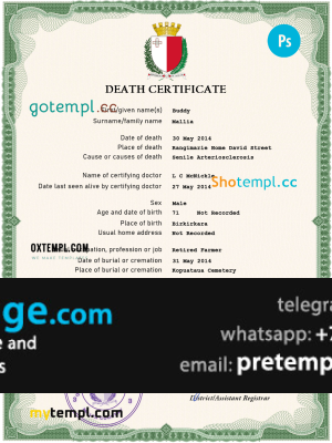 download Malta vital record death certificate template free fonts