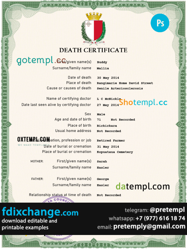 download Malta vital record death certificate template free fonts