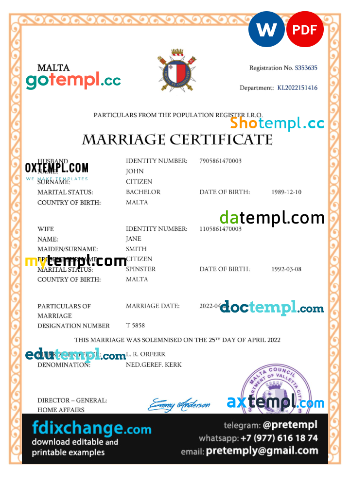 download Malta marriage certificate template free fonts, completely editable