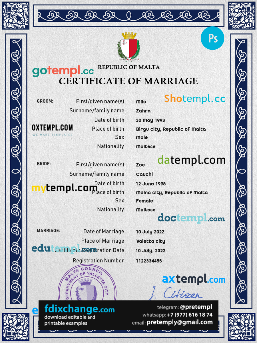 download Malta marriage certificate template free fonts