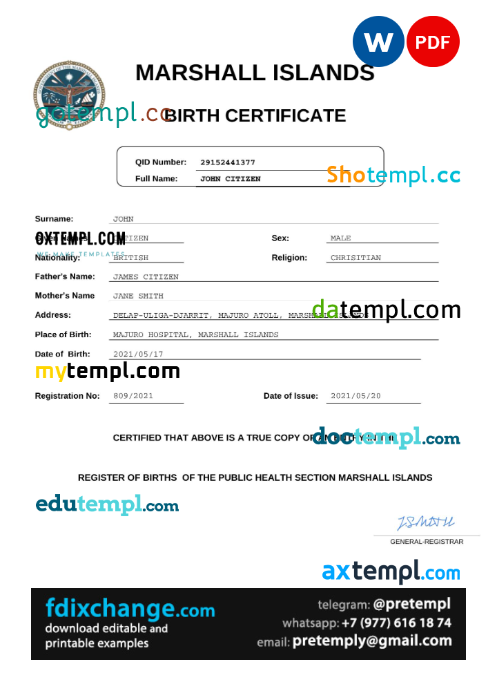 download Marshall Islands vital record birth certificate template free fonts, completely editable