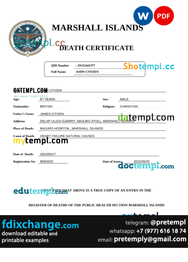download Marshall Islands vital record death certificate template free fonts