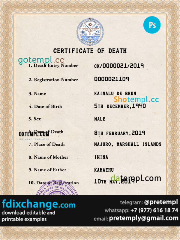 download Marshall Islands death certificate template free fonts, completely editable